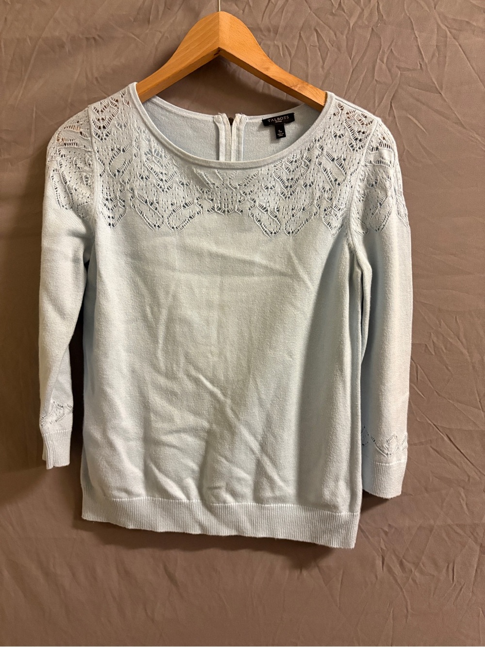 Talbots Pale Blue Lace-Yoke Scoop Neck Sweater